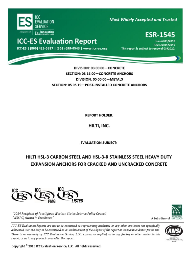ICC ES Evaluation Report ESR 1545 Hilti, Inc PDF Strength Of
