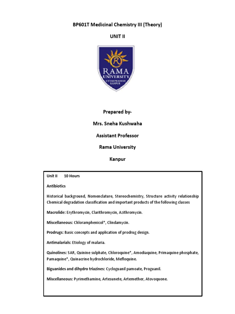 BP601T Medicinal Chemistry III (Theory) Unit Ii | PDF | Malaria | Drugs