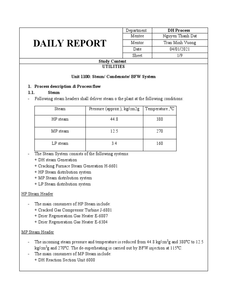Daily DH Process Report: Steam & Water Systems | PDF | Steam | Evaporation