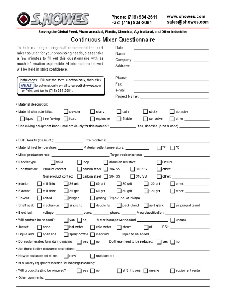 Continuous Mixer Questionnaire Phone (716) 9342611 Fax (716) 934