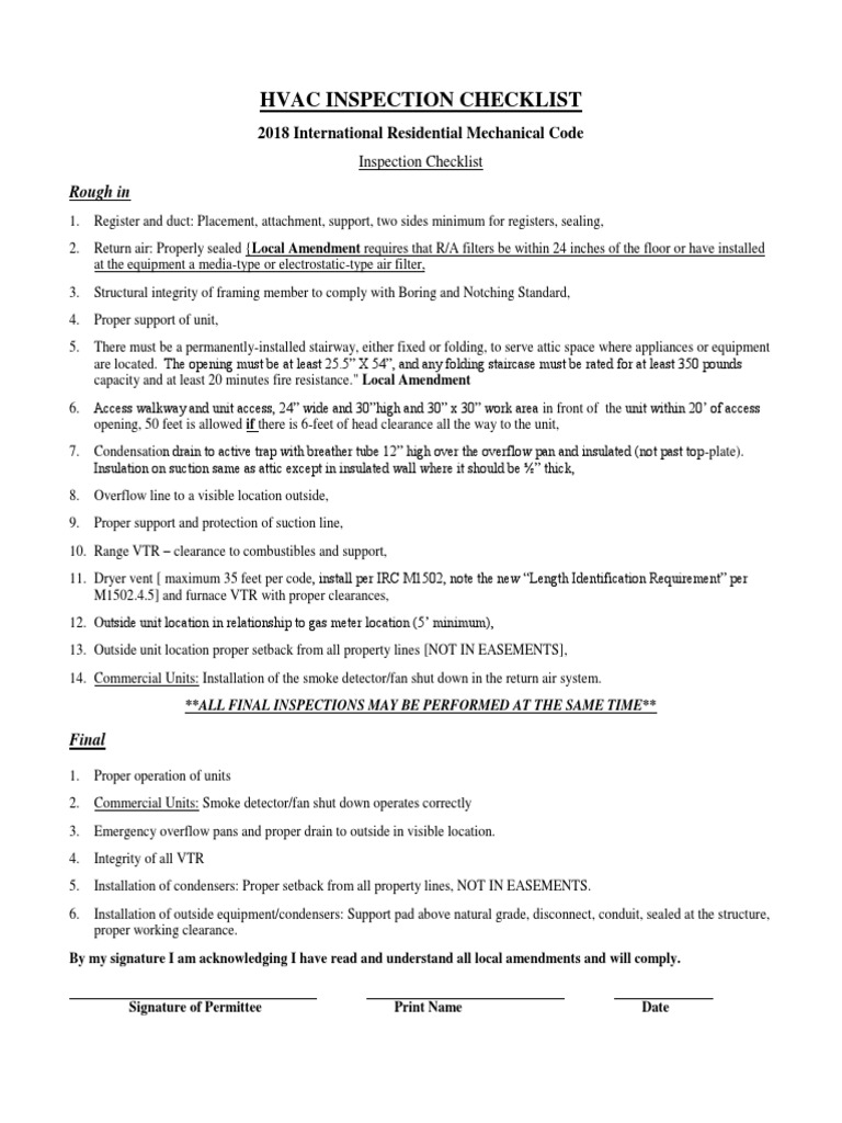 HVAC INSPECTION CHECKLIST 2018 International Residential Mechanical