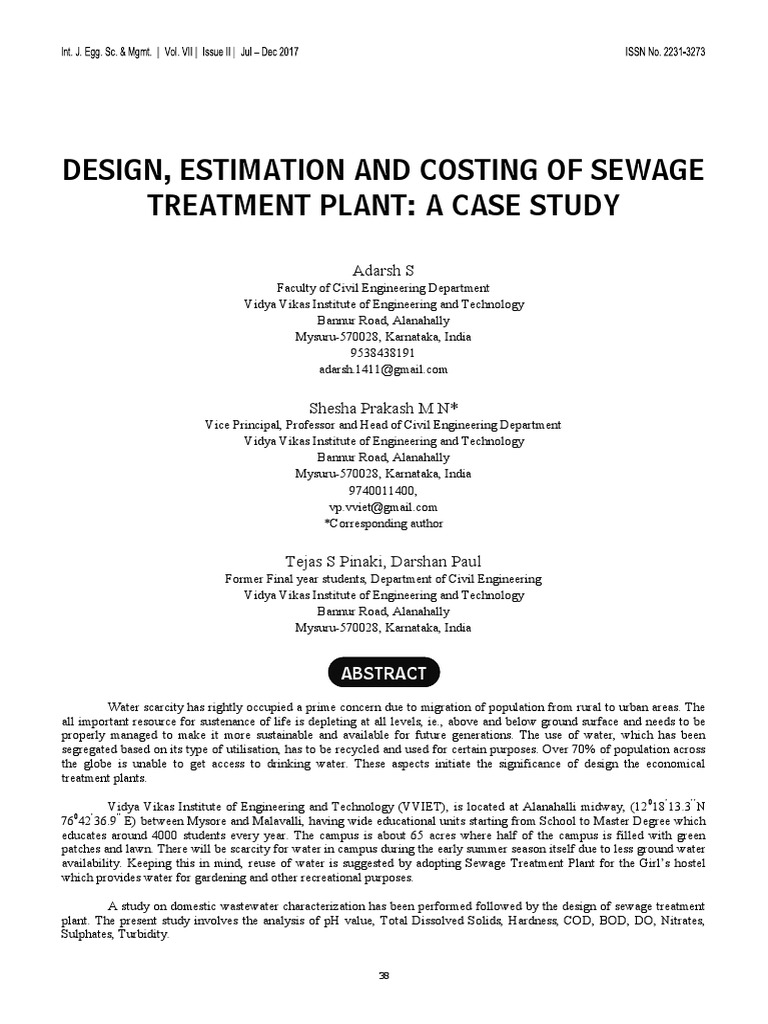 Design, Estimation and Costing of Sewage Treatment Plant A Case Study ...