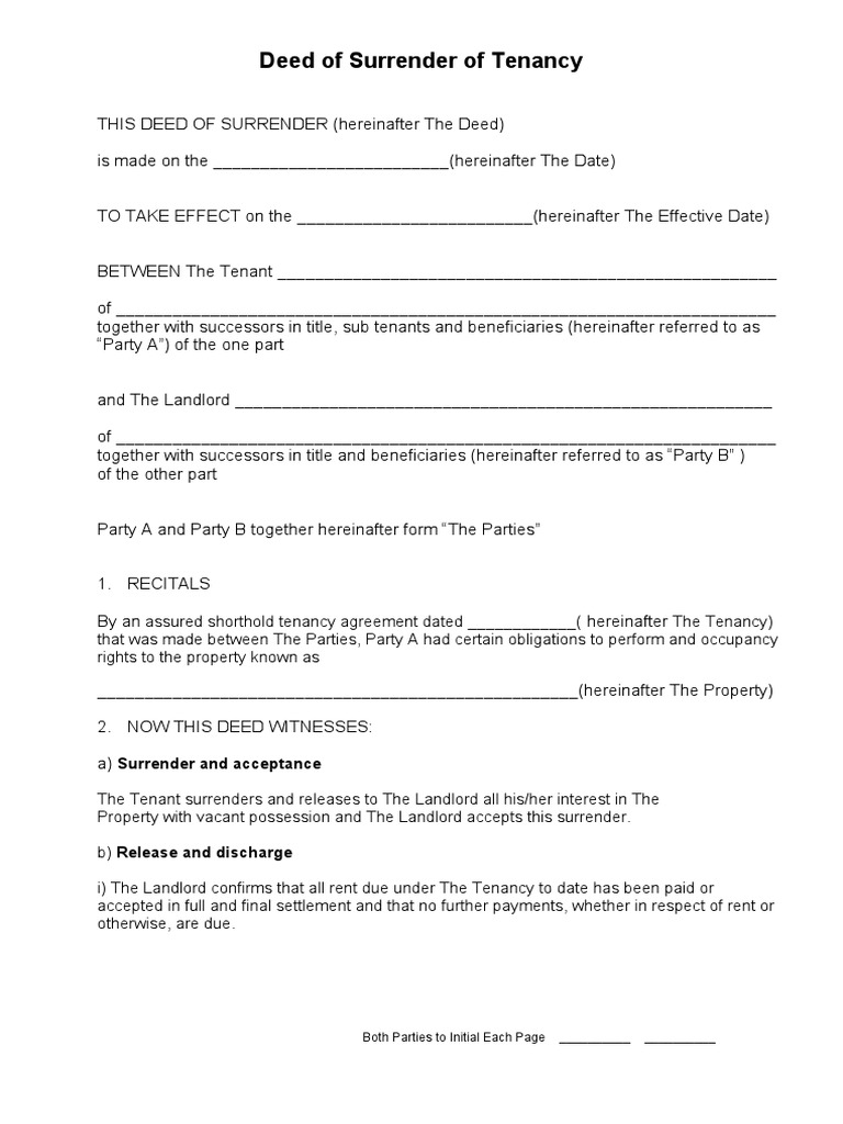 Deed of Surrender of Tenancy Template | PDF | Leasehold Estate | Landlord