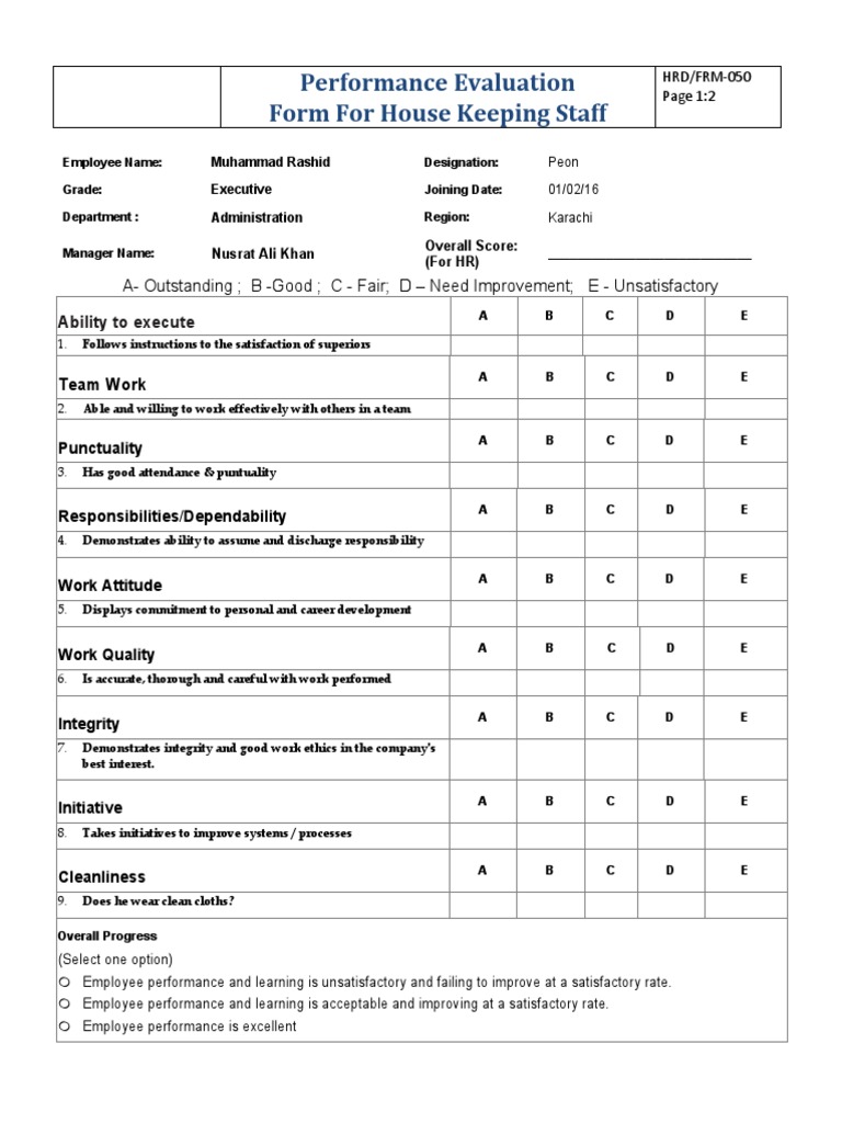 hrd-050 - performance evaluation for house keeping staff | pdf