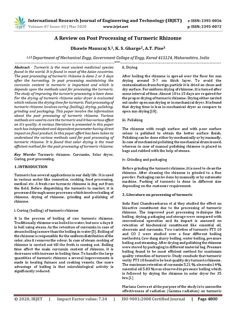 Research Paper On Tuemric Processing | PDF | Turmeric | Water
