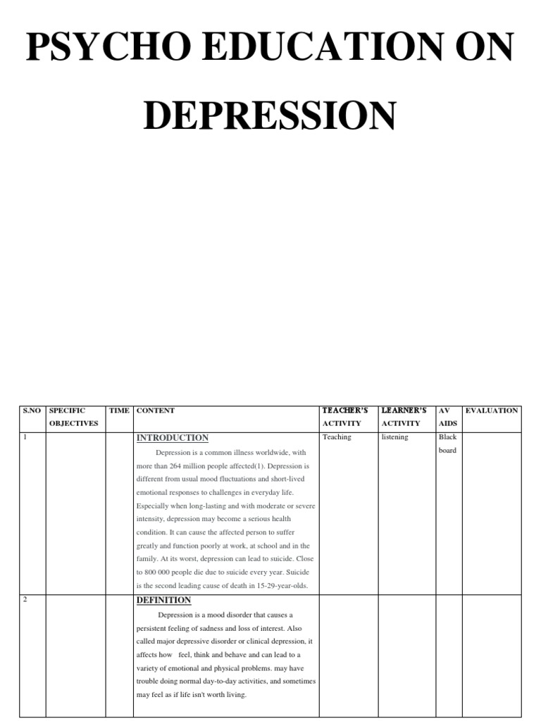 Psycho Education On Depression Causes And Types Pdf Major