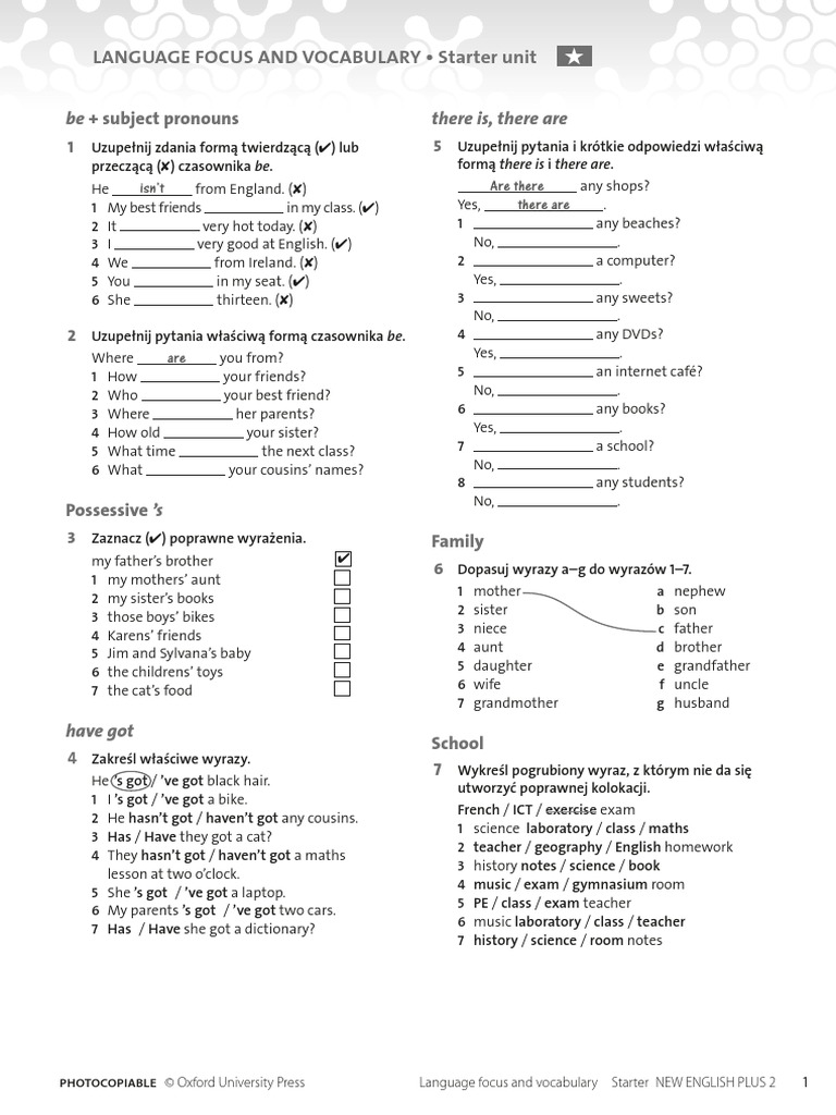 New English Plus 2 Starter Unit Language Focus and Vocabulary One Star ...
