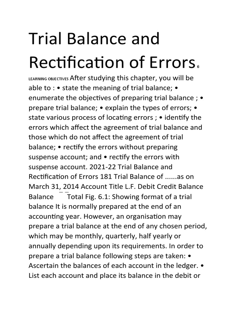 Trial Balance and Rectification of Errors 6 LEARNING OBJECTIVES After ...