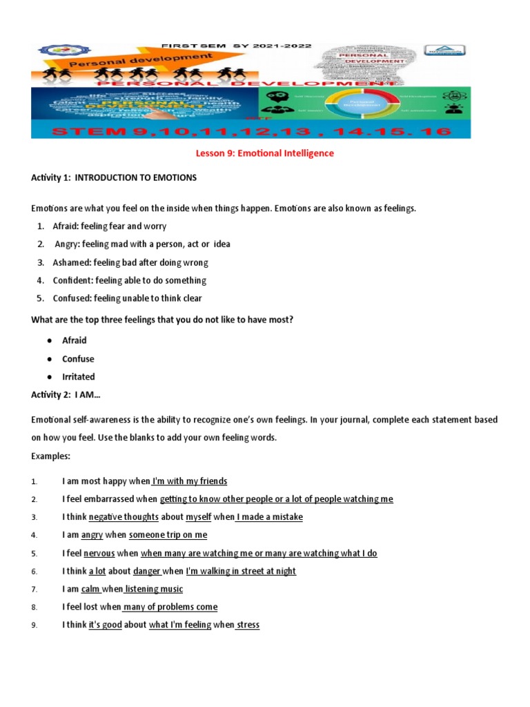 Lesson 9: Emotional Intelligence: Activity 1: Introduction To Emotions ...