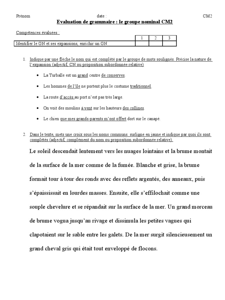 Exercices Groupe Nominal Cm1 Imprimer Eval Les Expansions Du GN | PDF | Clause | Grammaire