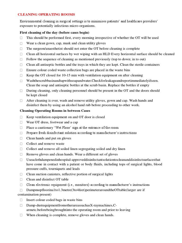 A Comprehensive Guide to Cleaning and Disinfecting Operating Rooms and Sterile Areas to Ensure