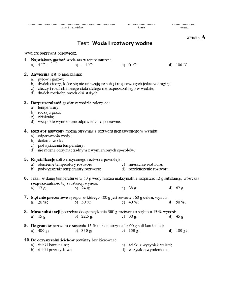 Sprawdzian Z Chemii Klasa 7 Woda I Roztwory Wodne