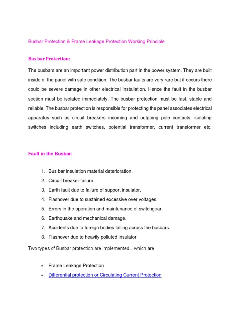 Busbar Protection & Frame Leakage Protection Working Principle PDF