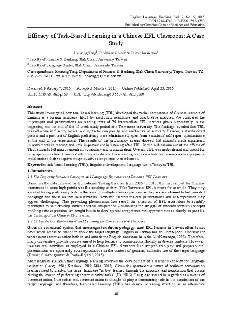 Efficacy of Task-Based Learning in A Chinese EFL Classroom A Case Study ...