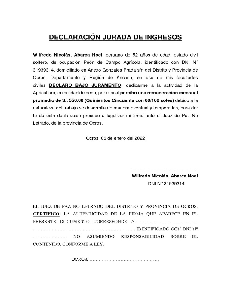 Declaración Jurada de Ingresos Agrícolas | PDF