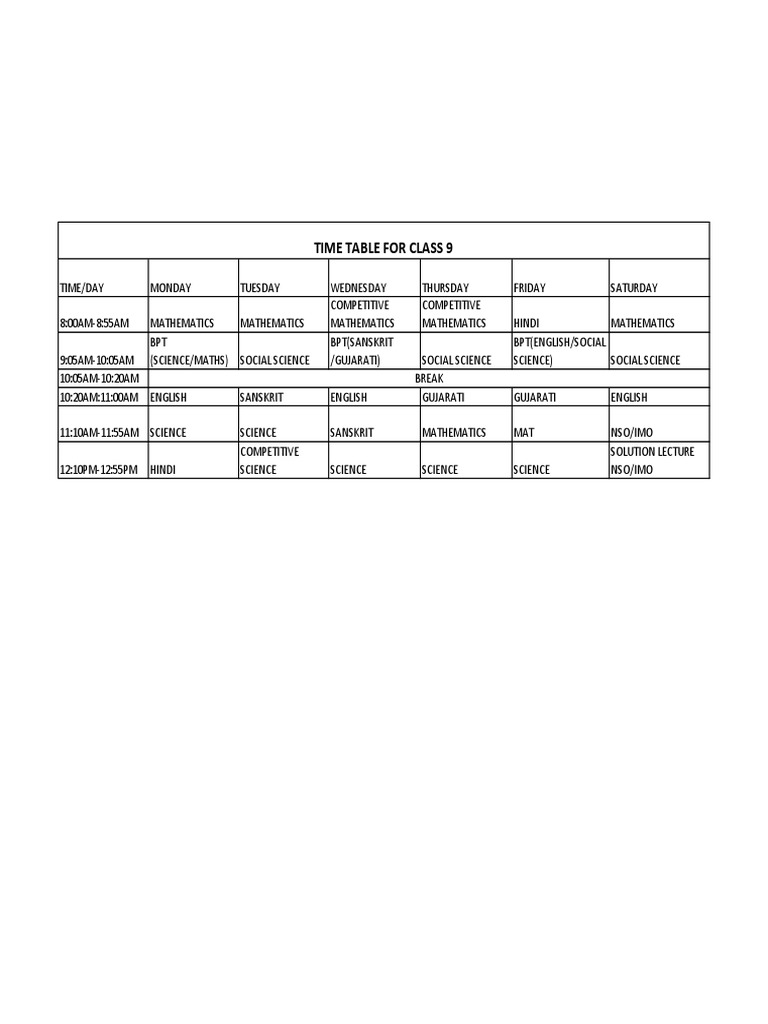 Class 9 Time Table
