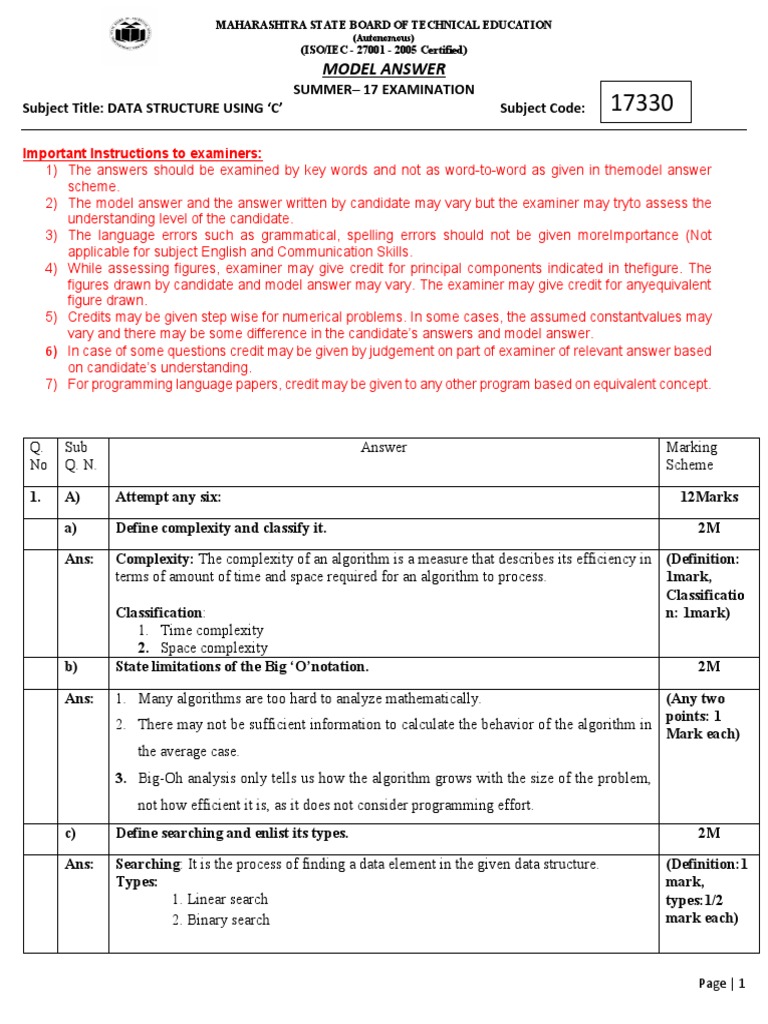 MSBTET Data Structure Using C Model Answer | PDF | Top Down And Bottom ...