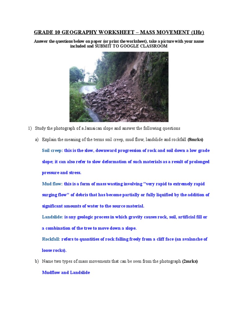Grade 10 Geography: Mass Movement Worksheet | PDF | Landslide | Earth ...