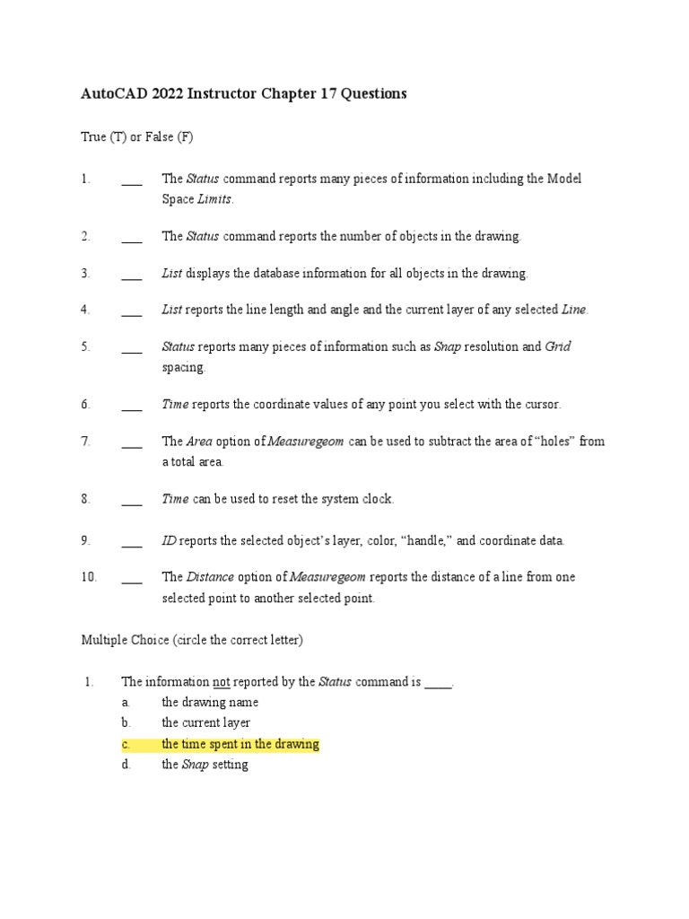 AutoCAD 2022 Chapter 17 Quiz | PDF | Computer Data | Software