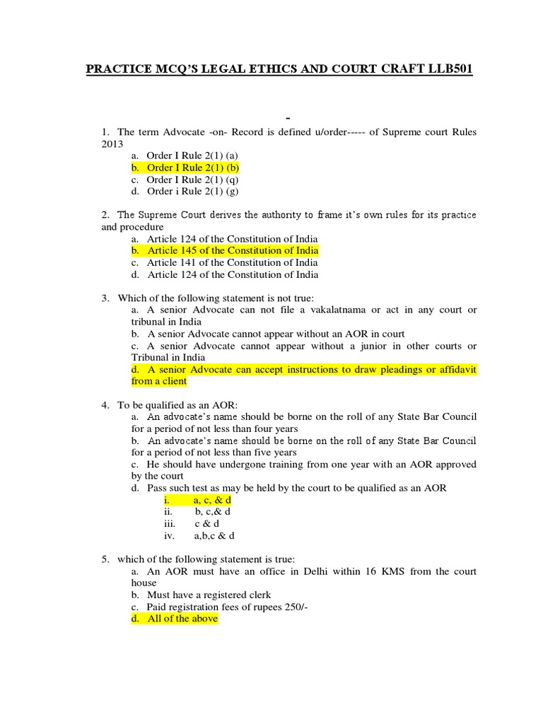 Practice MCQ'S Legal Ethics and Court Craft Llb501 PDF Advocate
