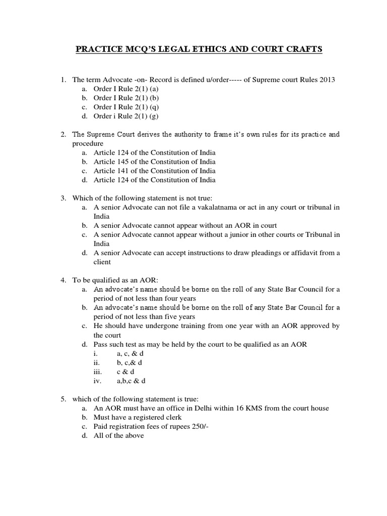 MCQ, Legal Ethics PDF Advocate Supreme Court Of India