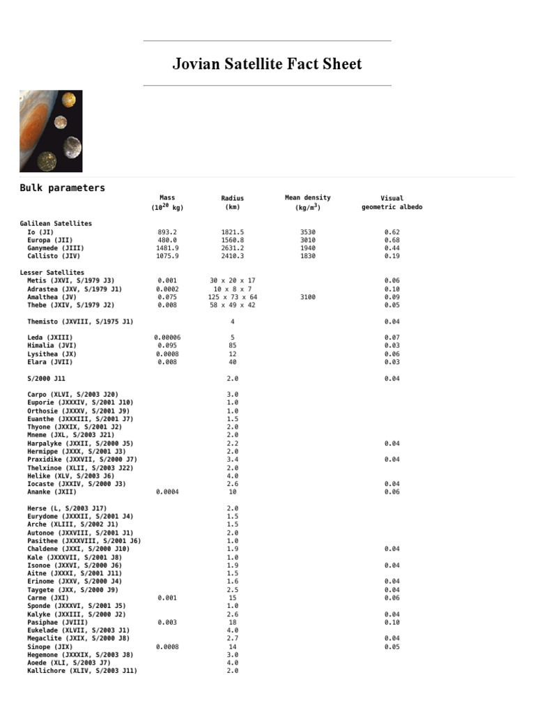 Jovian Satellite Fact Sheet PDF Jupiter Ancient Astronomy