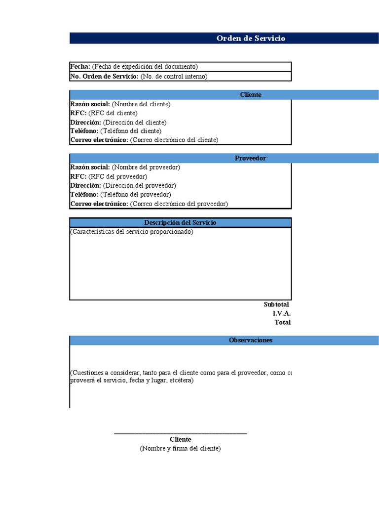 Orden de Servicio Excel | PDF