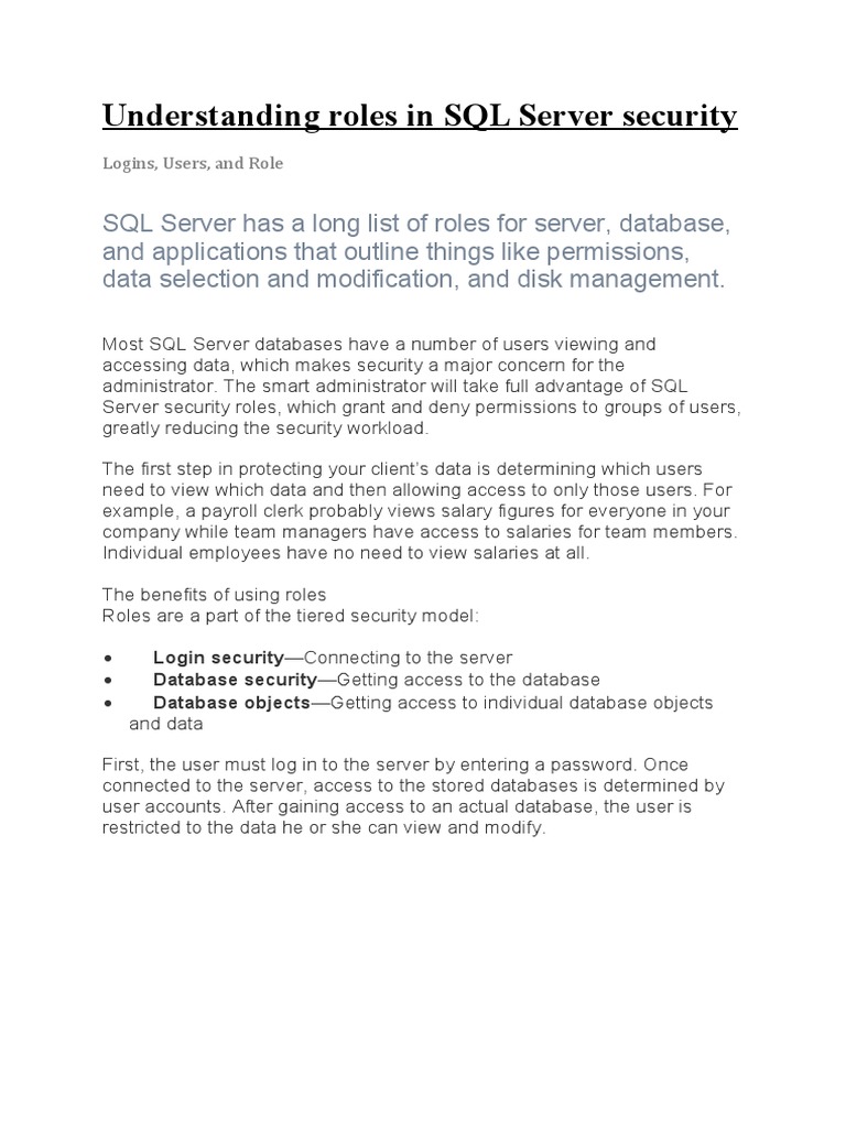 SQL Server Security (Logins, Users - Fixed Roles) | PDF | Databases ...