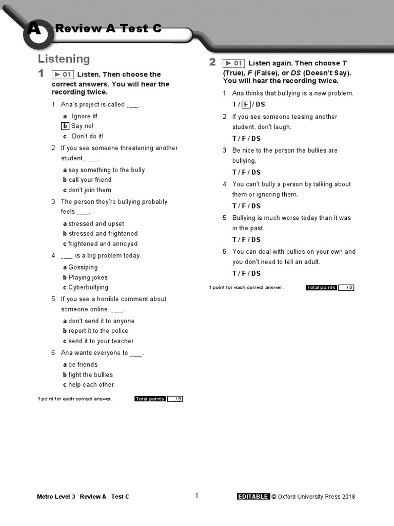 Metro Level 3 Review A Test C | PDF | Cyberbullying