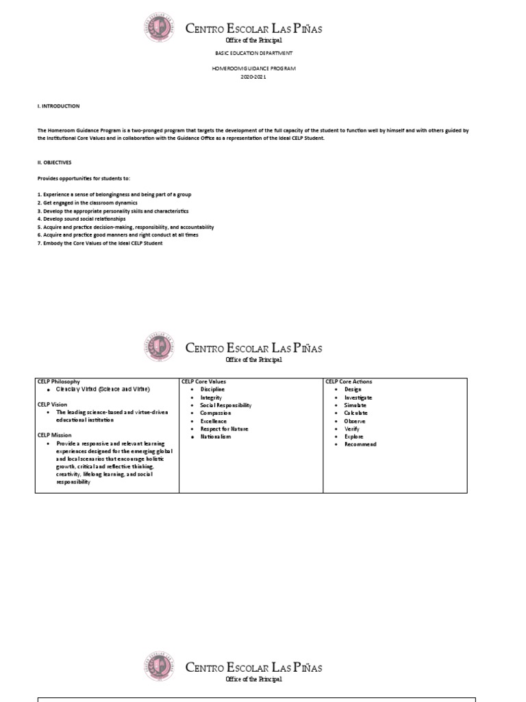 Homeroom Guidance Program Overview 2020-2021 | PDF | Value (Ethics ...