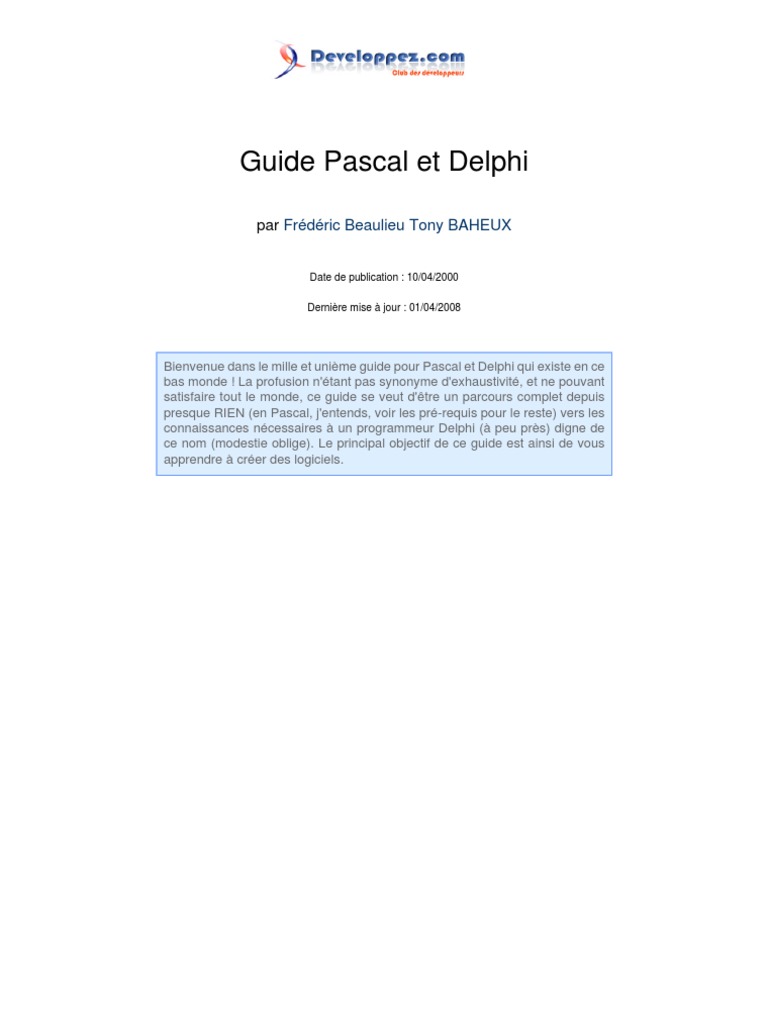 Cours de Pascal Et Delphi | PDF | Fichier informatique | C (Langage de ...