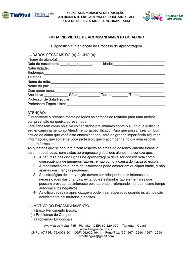 Ficha Individual de Acompanhamento Do Aluno | PDF | Educação Especial ...