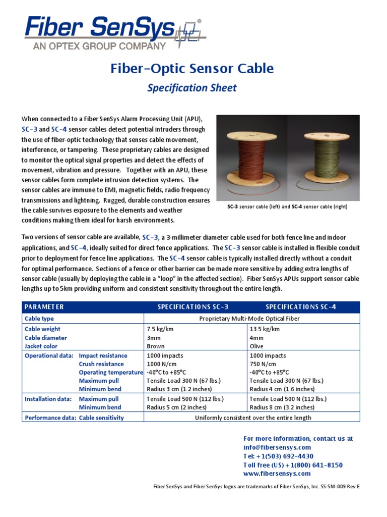 SS-SM-009 Sensor Cable Spec Sheet Rev. E | PDF | Optical Fiber | Sensor