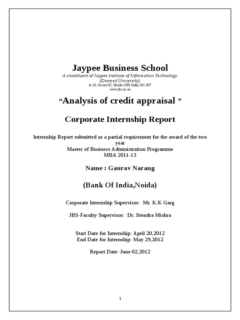Summer Internship Project Report On Analysis of Credit Appraisal at