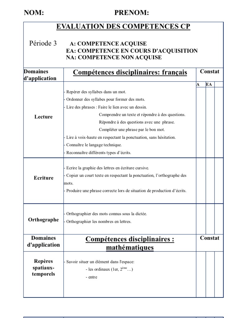 Grille De Competence Trimestre 3 Cp Semiotique