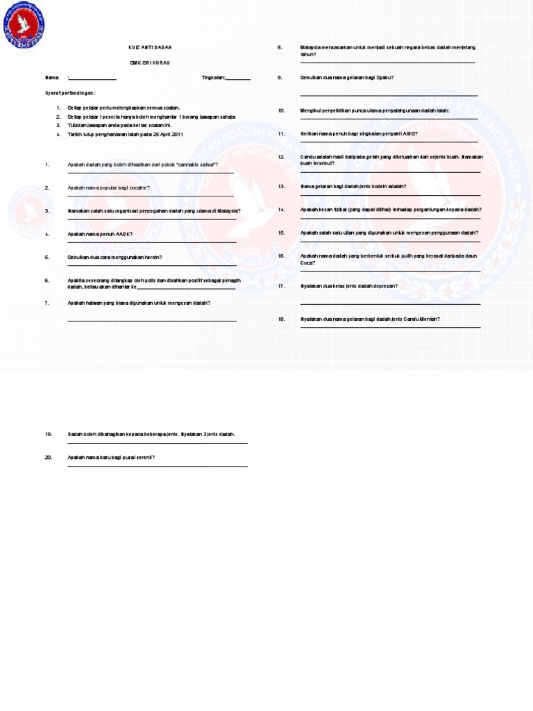 Soalan Teka Silang Kata Anti Dadah - Tersoal m