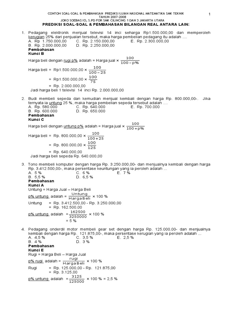 Contoh Prediksi Soal Soal Pembahasan Un Mat Smk Tek 2007 2008 Bagian 1