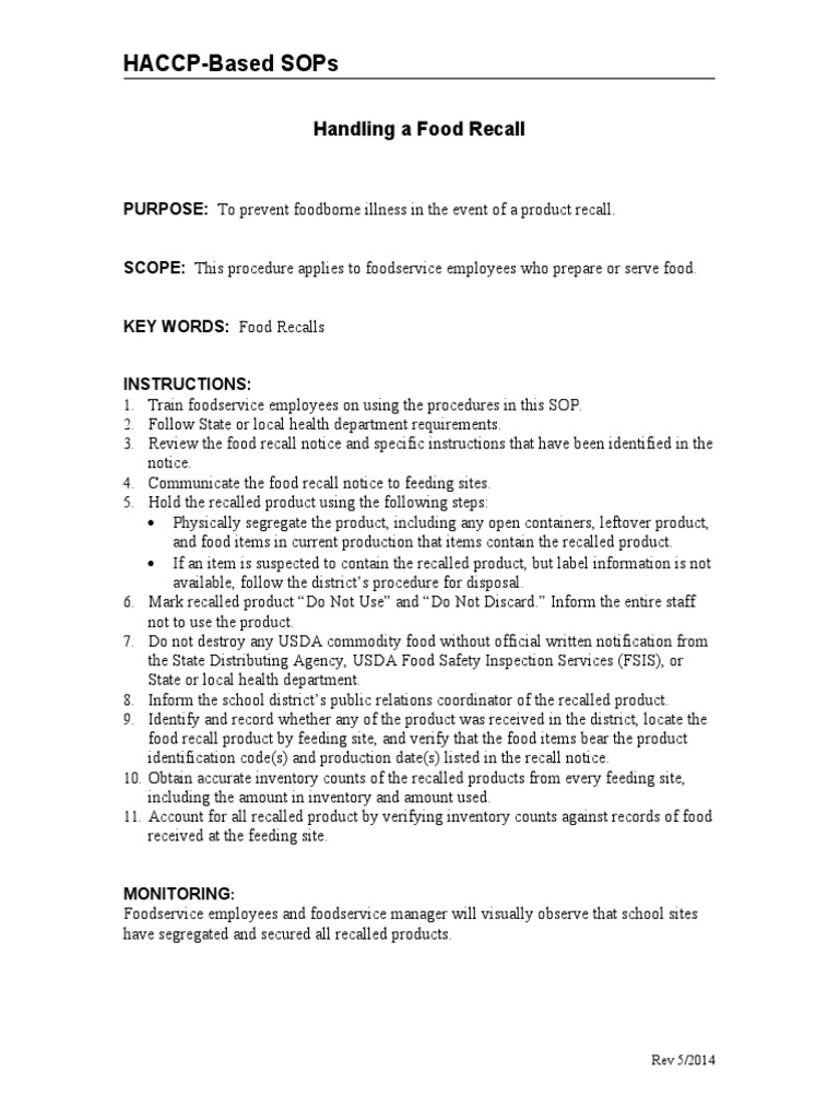 HaccpBased Sops Handling A Food Recall PDF