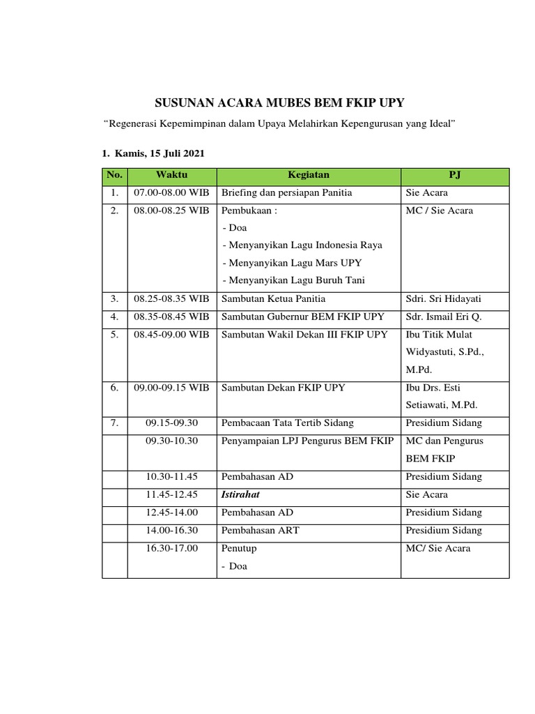 Susunan Acara Mubes Bem Fkip Upy | PDF