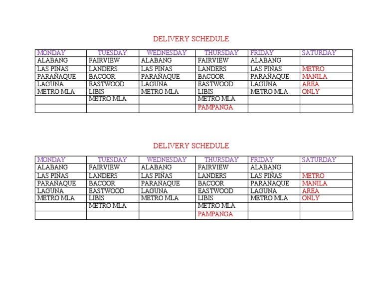 Delivery Schedule: Monday Tuesday Wednesday Thursday Friday Saturday | PDF