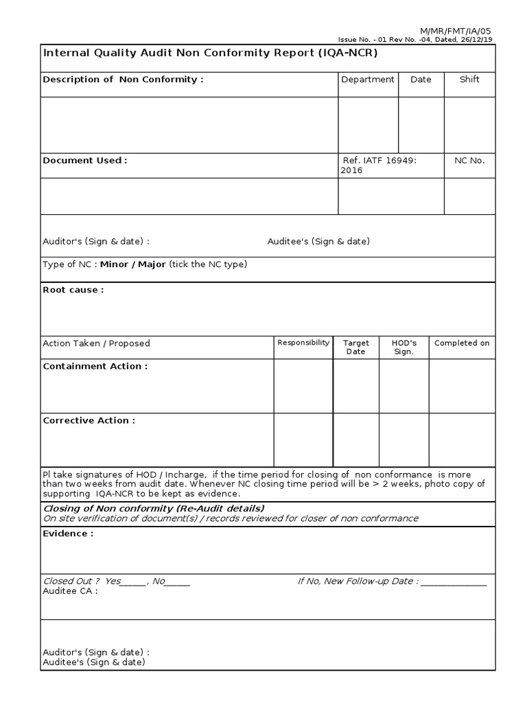 Internal Quality Audit Non Conformity Report | PDF | Business | Finance ...