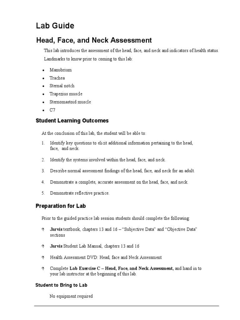 Lab Guide: Head, Face, and Neck Assessment | PDF | Neck | Head And Neck ...
