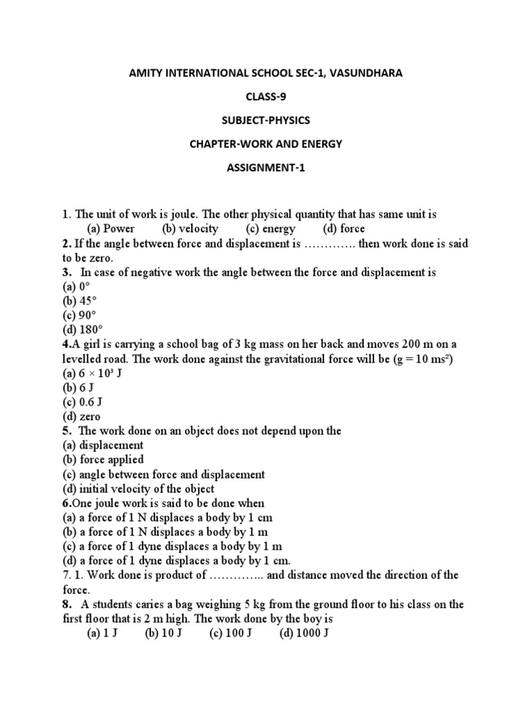 Class 9 Physics: Work and Energy Assignment | PDF | Teaching Methods ...