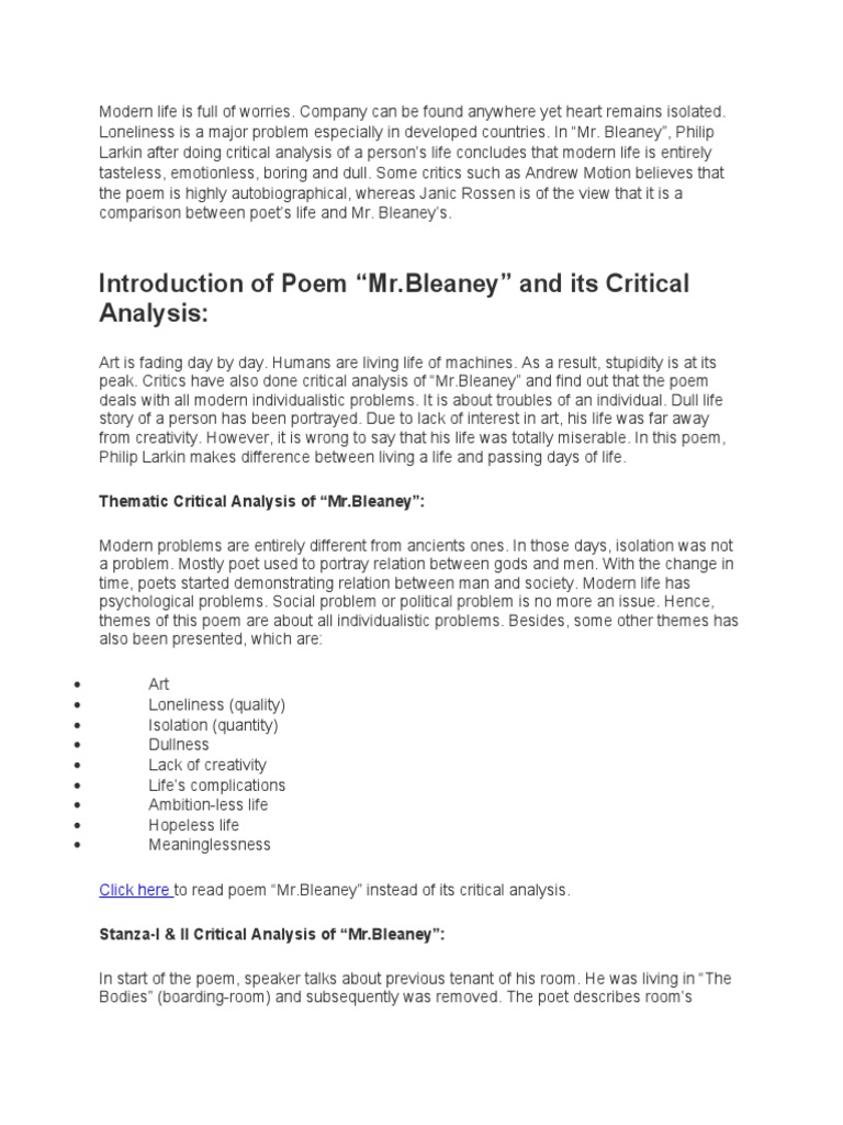 Introduction of Poem "MR Bleaney" and Its Critical Analysis PDF
