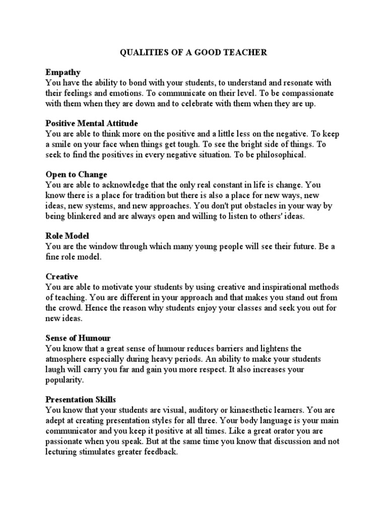 Qualities of A Good Teacher | PDF | Humour | Education Theory