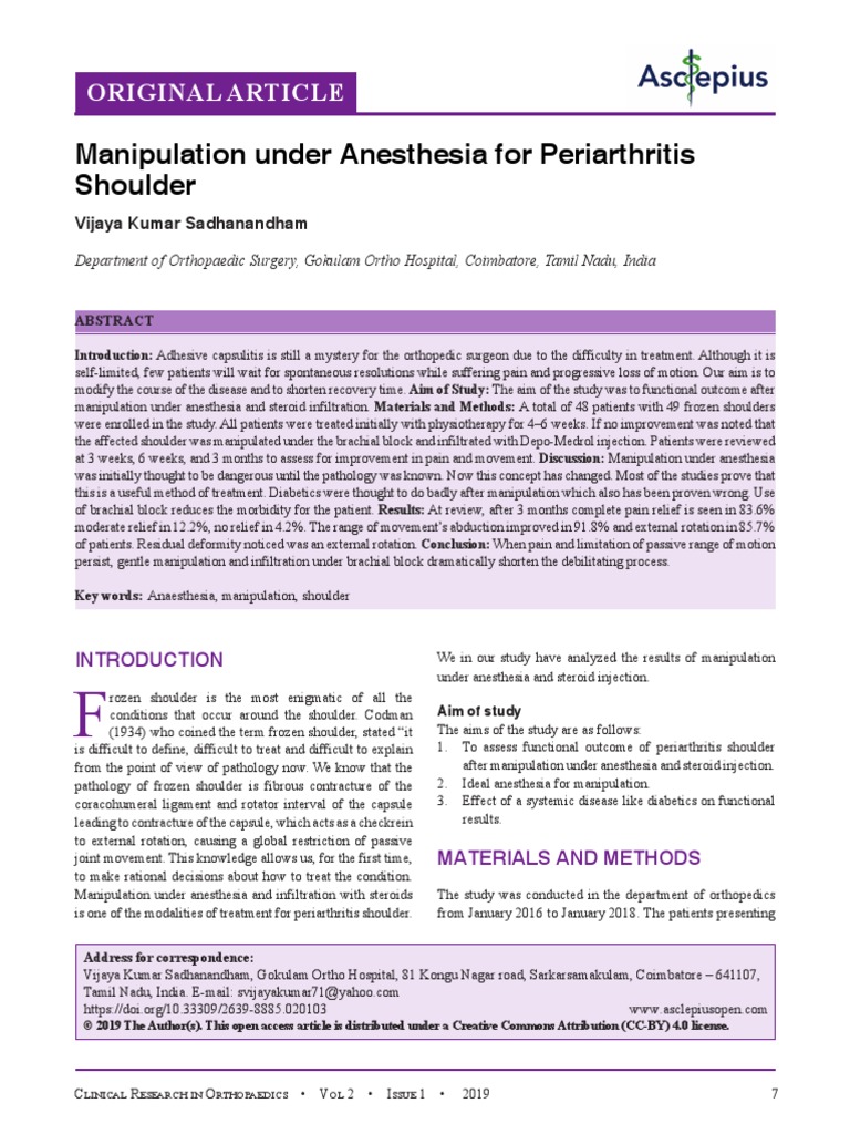 Manipulation Under Anesthesia For Periarthritis Shoulder PDF