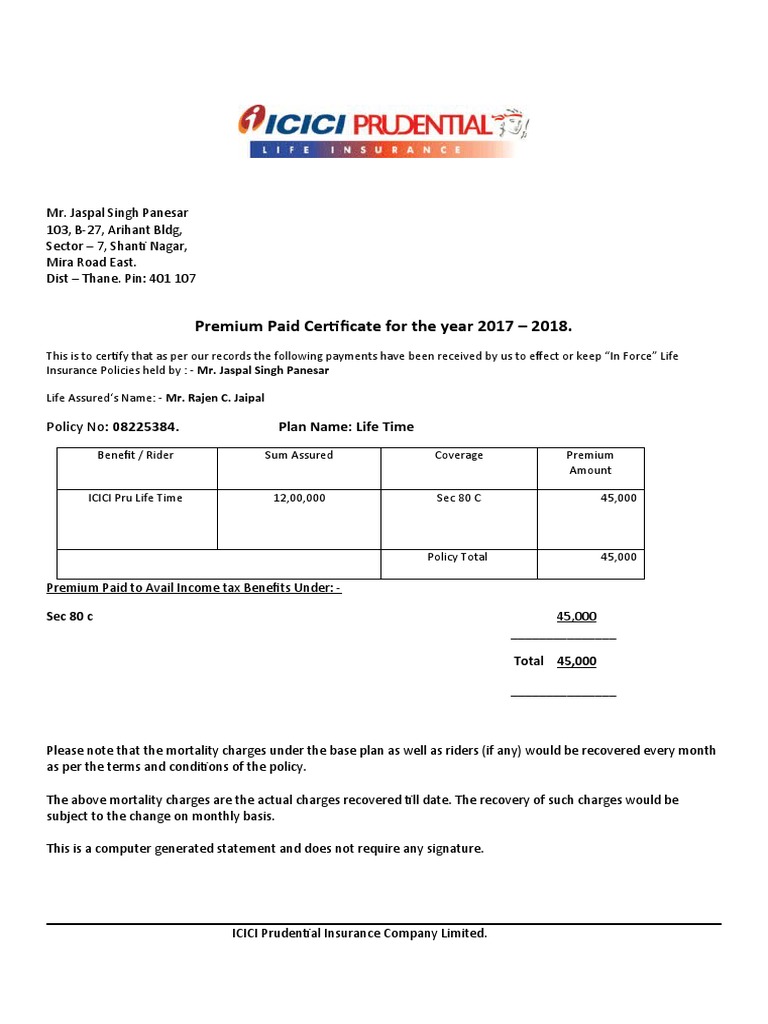 Premium Paid Certificate for Life Insurance Policy Providing Tax