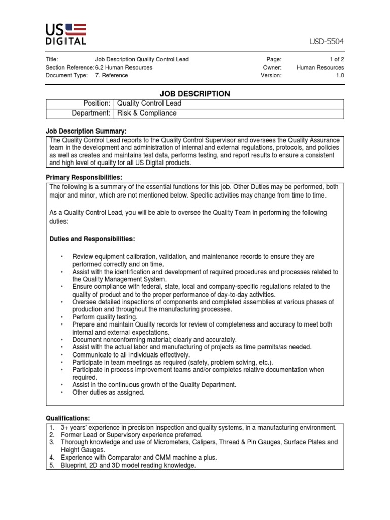 Job Description Quality Control Lead PDF Regulatory Compliance
