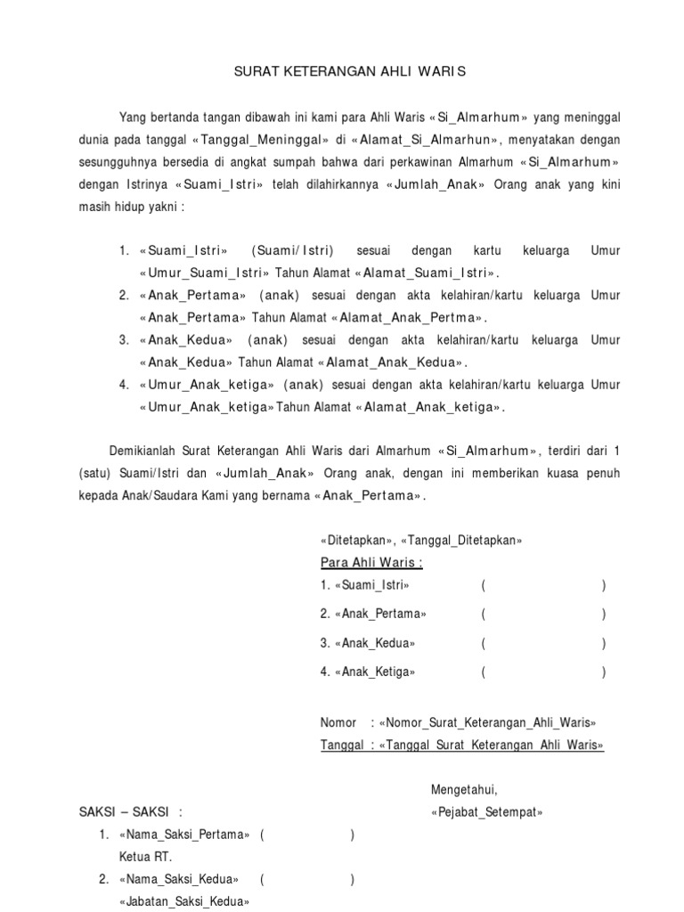 Contoh Surat Penamaan Atau Waris