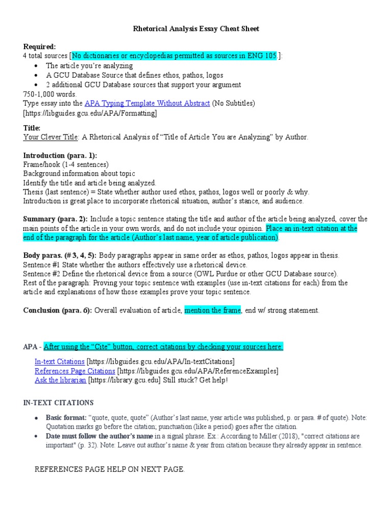 Rhetorical Analysis Essay Guidelines | PDF | Apa Style | Citation